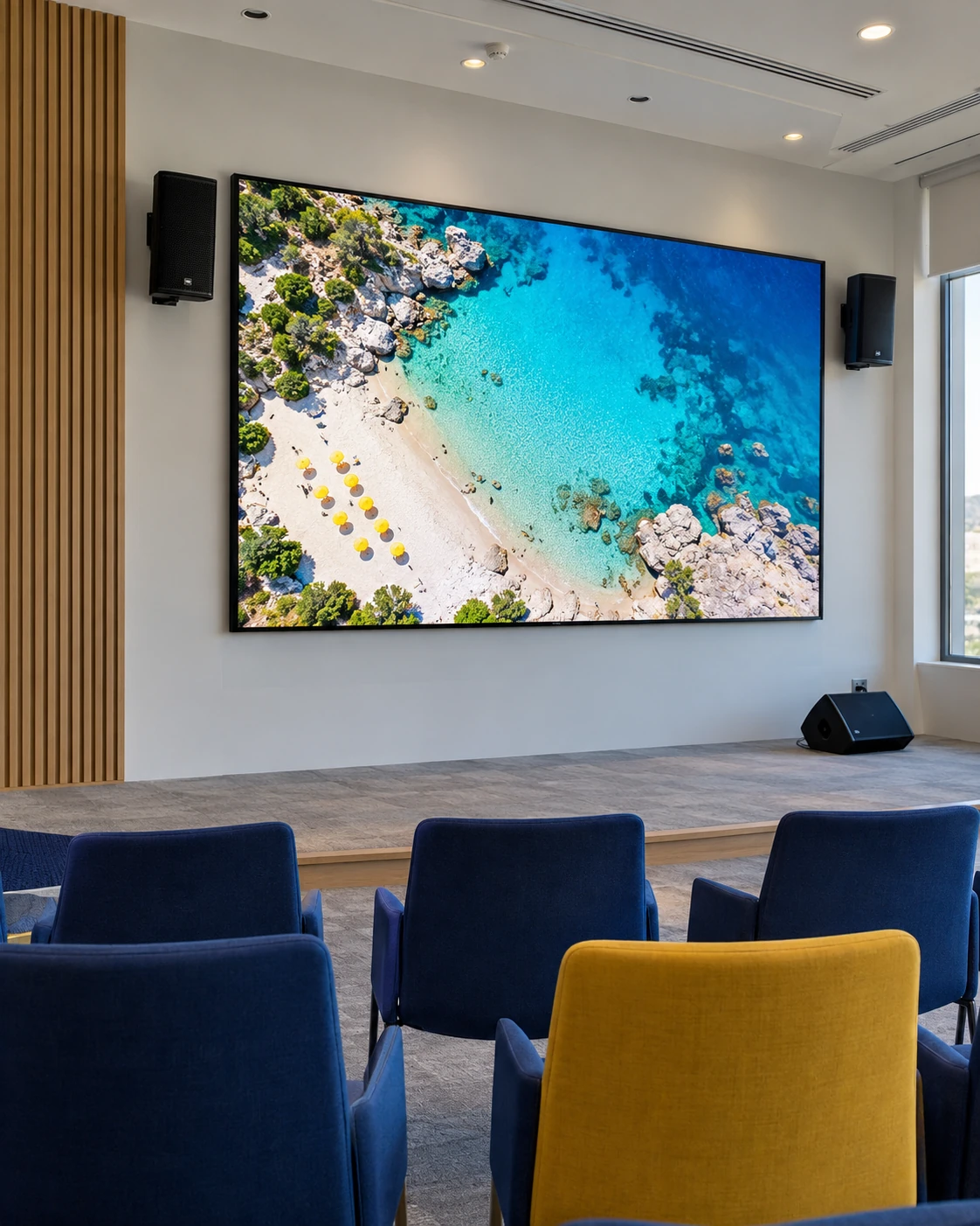 Training hall with an LED wall and wall-mounted speakers